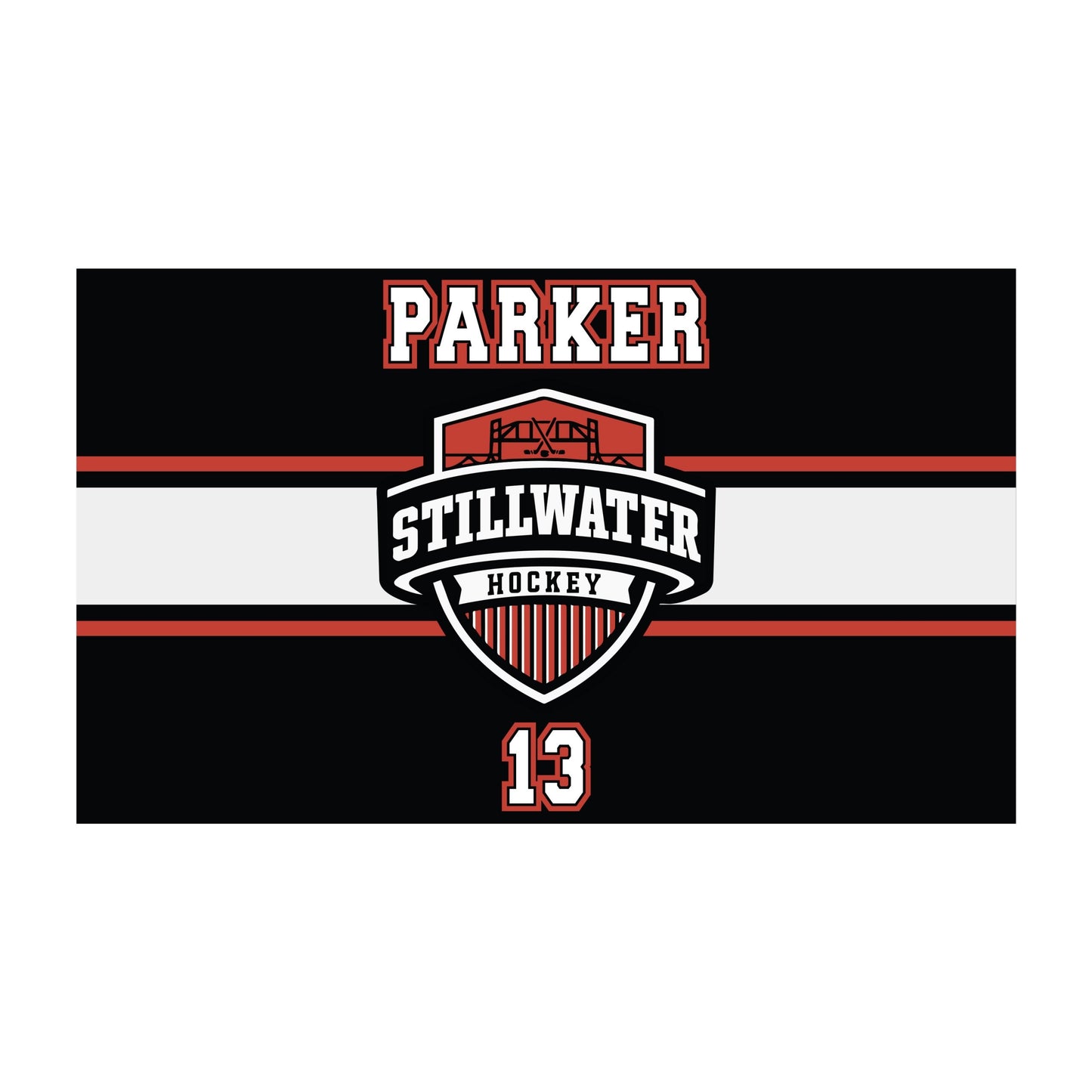 Personalized with Parker number 13 and Stillwater Hockey logo water bottle label. Black with white and red stripes design with team logo, player name and number.