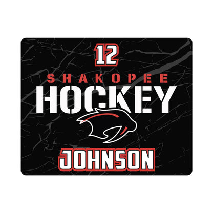 Personalized water bottle label with "Johnson number 12" and Shakopee Hockey Logo.