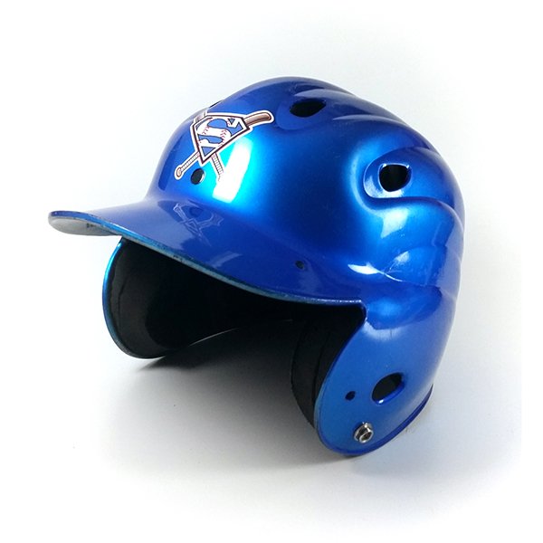 Blue baseball/softball helmet with team logo decal, side view