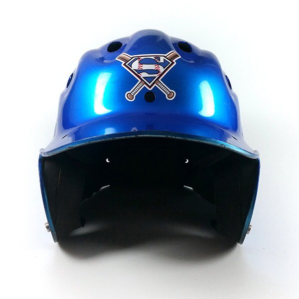 Blue baseball/softball helmet with team logo decal