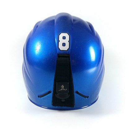 Blue baseball/softball helmet with athlete number decal
