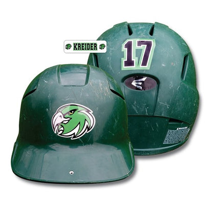 Baseball/softball helmet with team logo, team name, and number decal