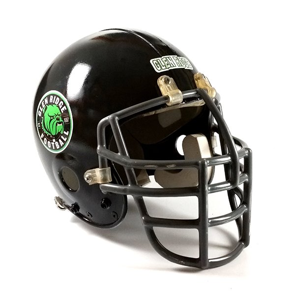 Black football helmet with team logo and team name decal.