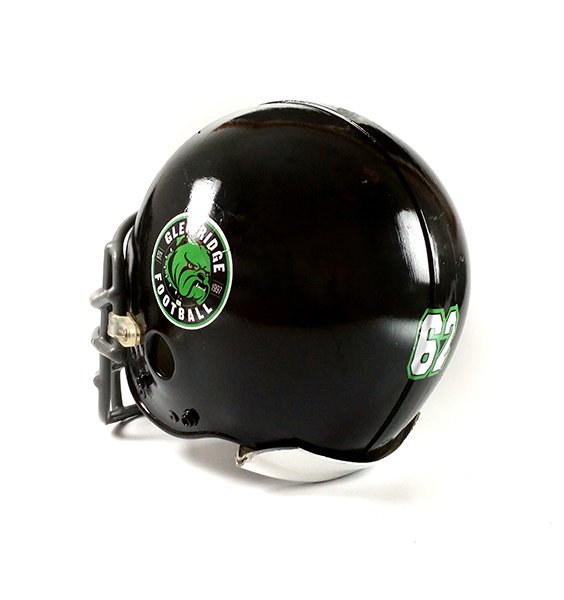Black football helmet with team logo and athlete number decal.