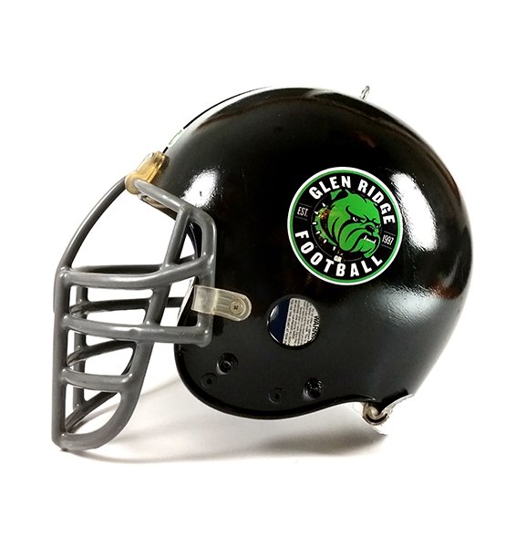 Black football helmet with team logo decal.