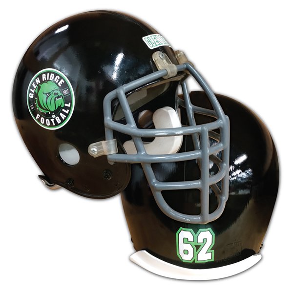 Black football helmet with team logo, team name, and athlete number decal.