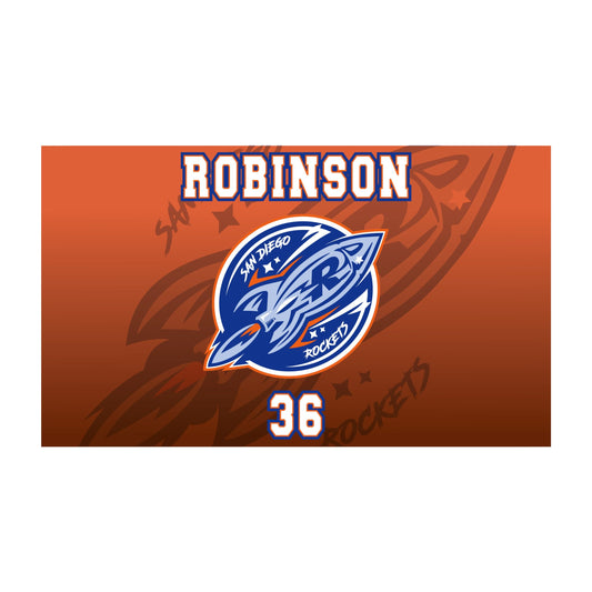 Personalized with Robinson number 36 San Diego Rockets water bottle label. Orange design with team logo, player name and number