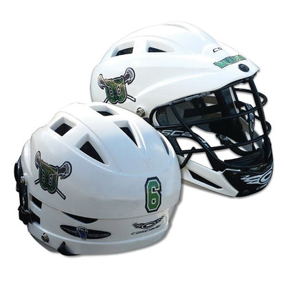 White lacrosse helmets with team logo, team name, and athlete number decal.