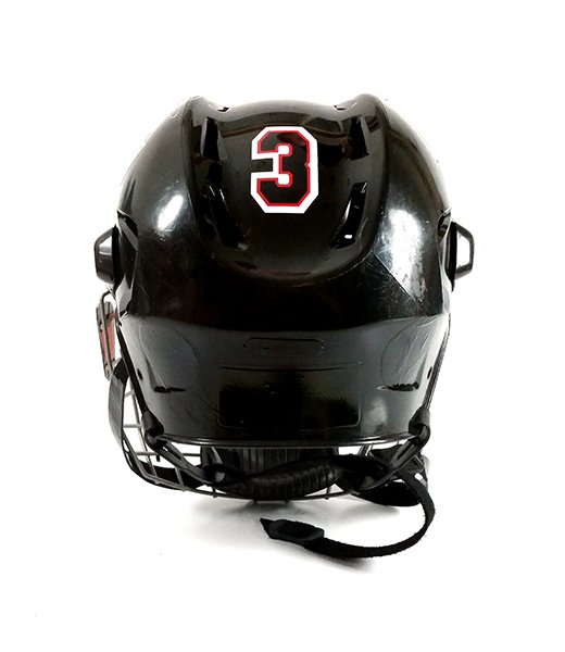 Black hockey helmet with athlete number decal.