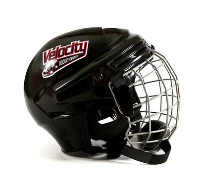 Black hockey helmet with team logo decal.