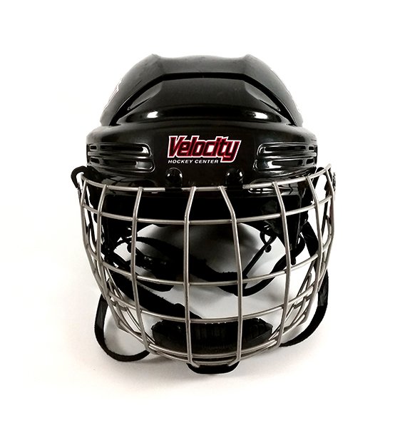 Black hockey helmet with team name decal.