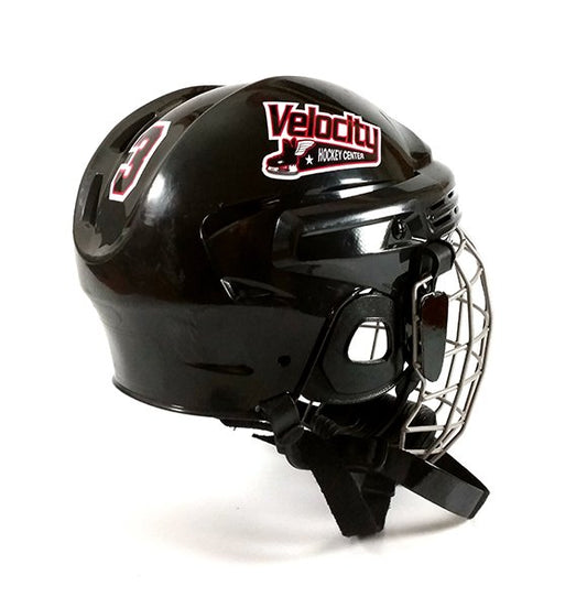 Black hockey helmet with team logo decal and athlete number decal.
