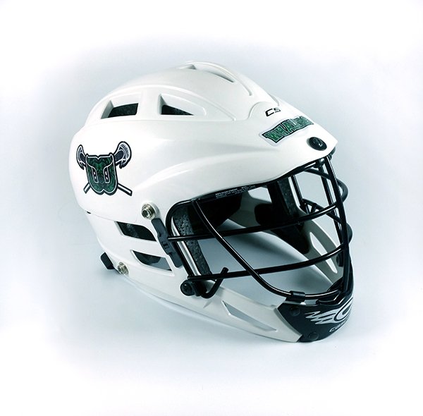 White lacrosse helmet with team logo decal and team name decal, side view
