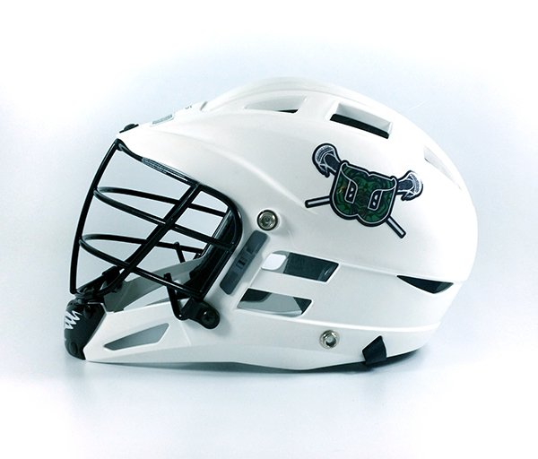 White lacrosse helmet with team logo decal side view