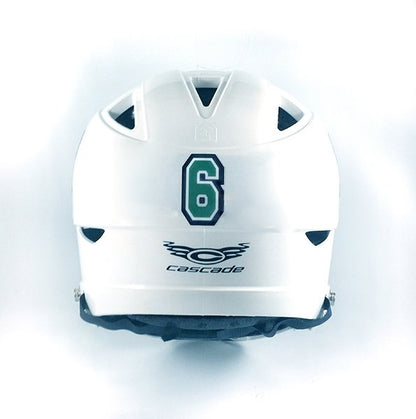 White lacrosse helmet with athlete number decal