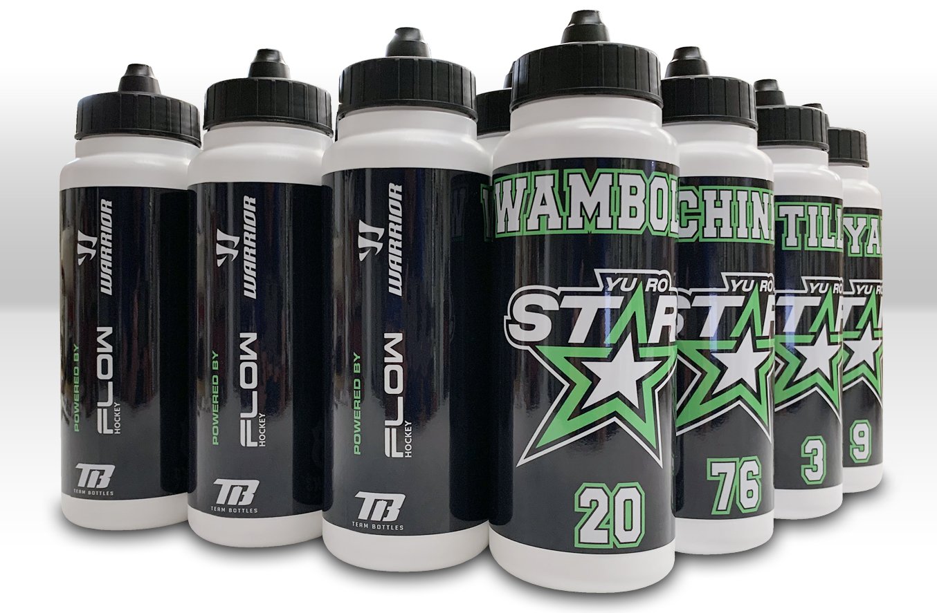 personalized team water bottles with black background design and Yuro Stars Logo