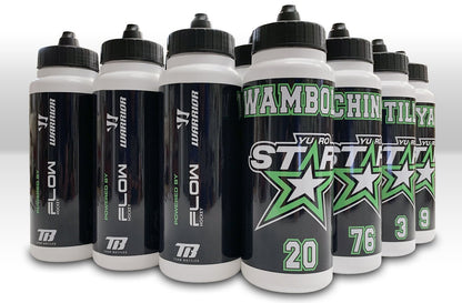 personalized team water bottles with black background design and Yuro Stars Logo